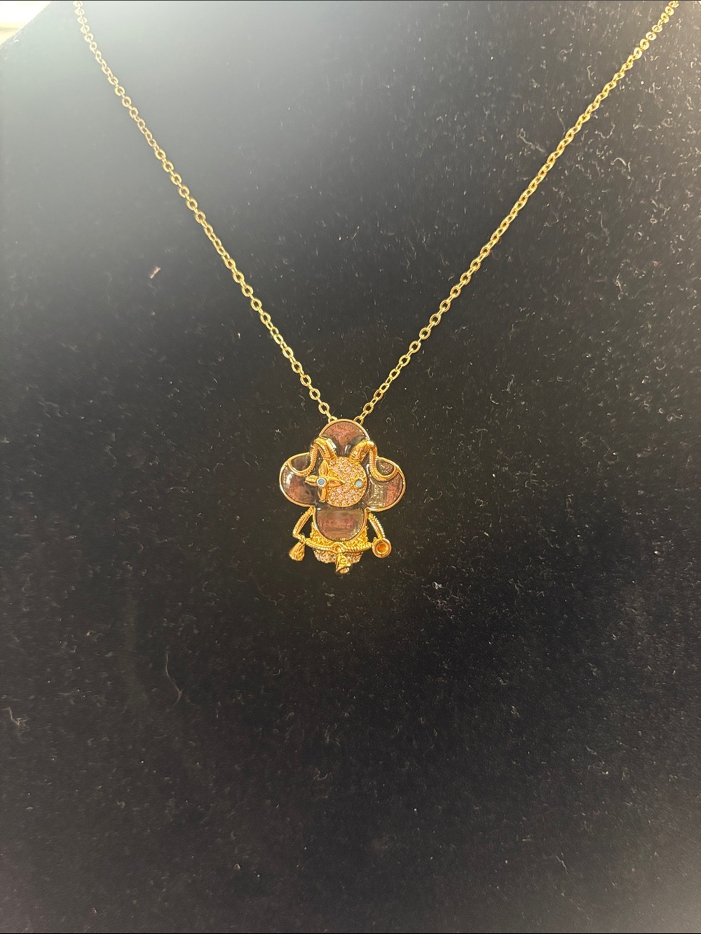 Gold-Tone Floral Pendant Necklace with Brown Enamel Accents